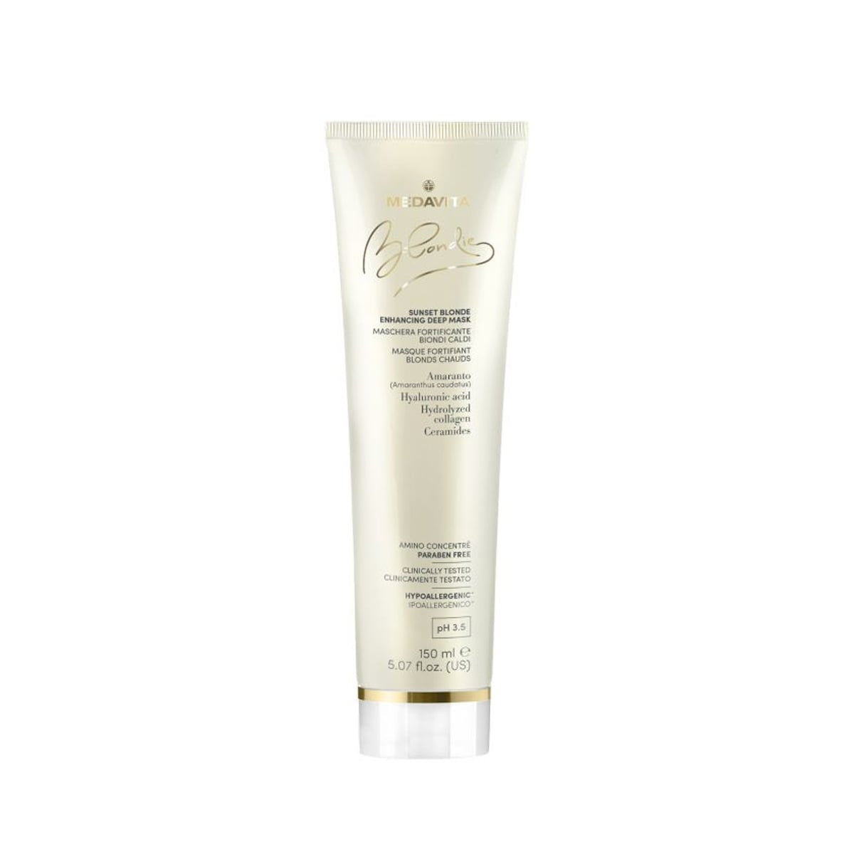 Rutină blond cald strălucitor – MEDAVITA Blondie Blonduri Calde (3 pași) – Masca blondie pentru blonduri calde cu acid hialuronic, colagen, ceramide - 150 ml