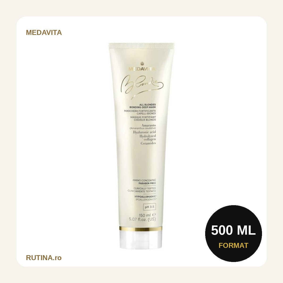 Masca blondie pentru toate tipurile de blond cu Ceramide si Acid Hialuronic si Colagen pentru parul blond – 500 ml – format 500 ml
