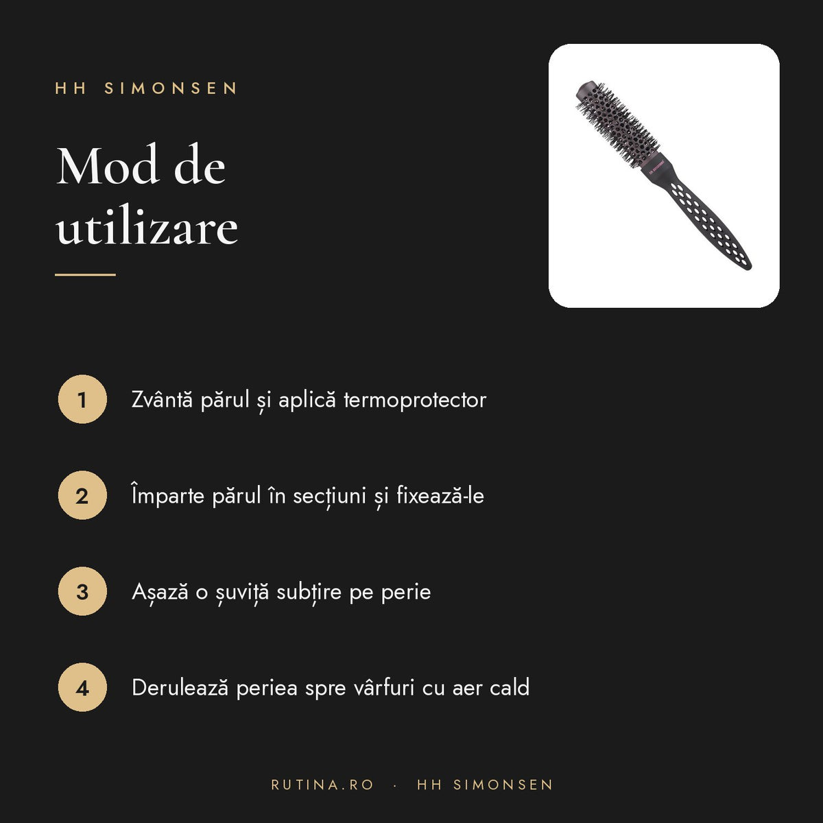 Perie de par pentru uscare la caldura HH Simonsen — Diametru 25 mm – mod de utilizare