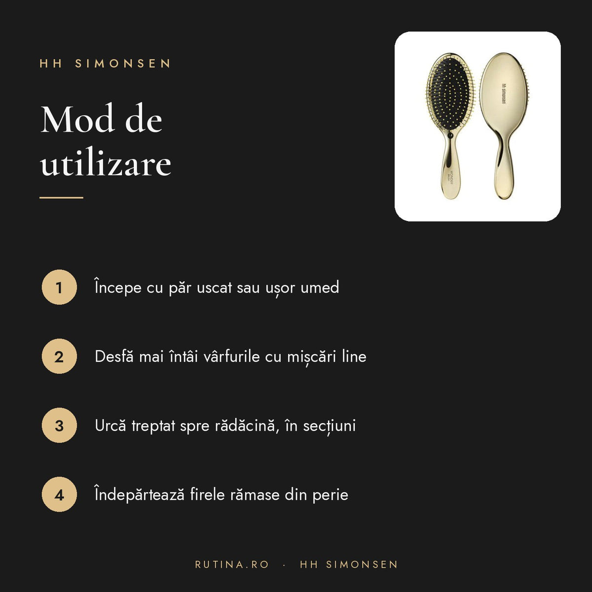 Perie de par Wonder Brush HH Simonsen — Culoare Auriu – mod de utilizare