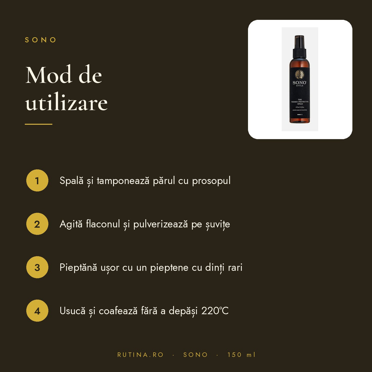 Spray Termo-Protector pentru par cu protectie pana la 220°C - 150 ml - SONO STYLE THERMO P – mod de utilizare