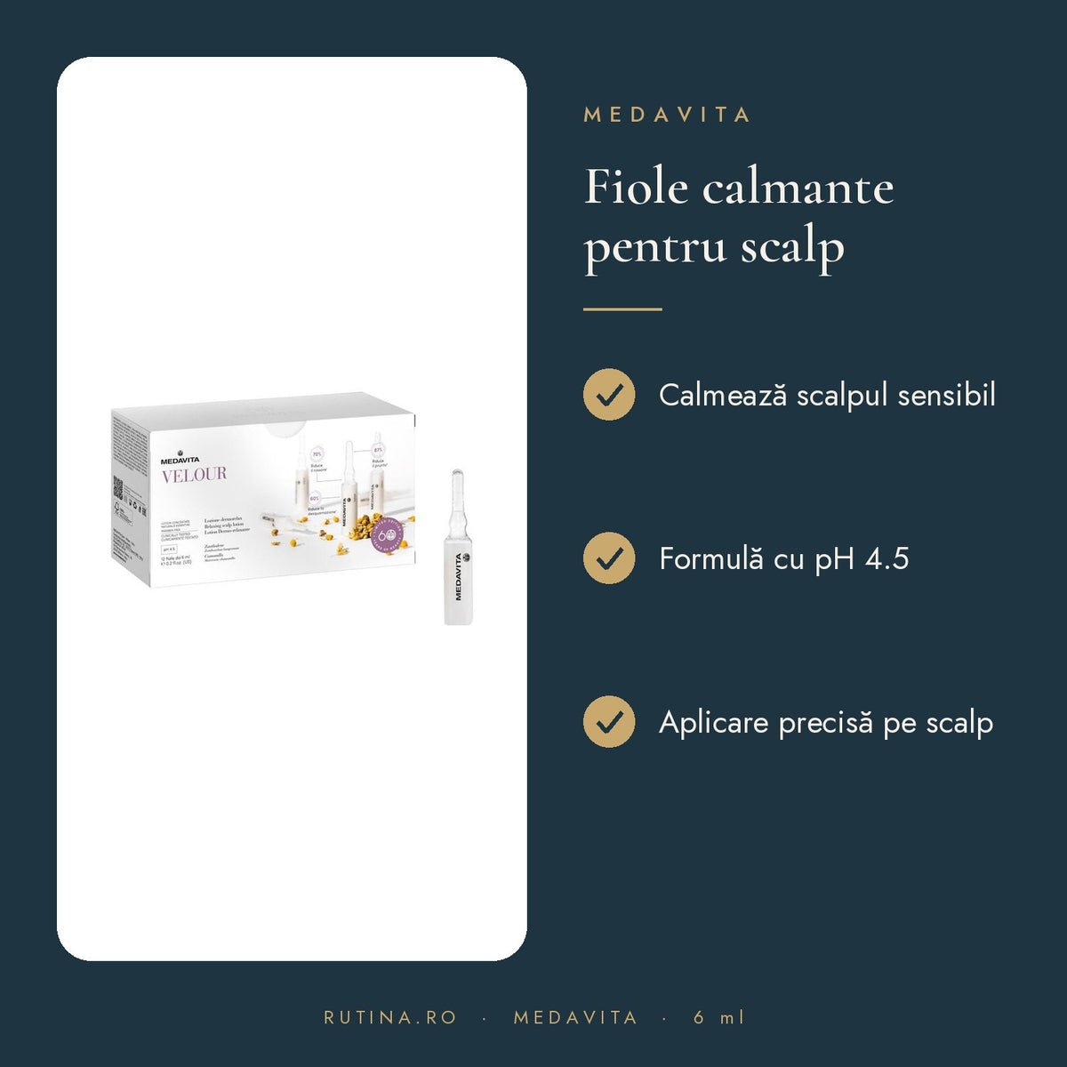Fiole calmante scalp sensibil Medavita Velour, pH 4.5, pentru scalp cu dermatita, psoriazi – beneficii