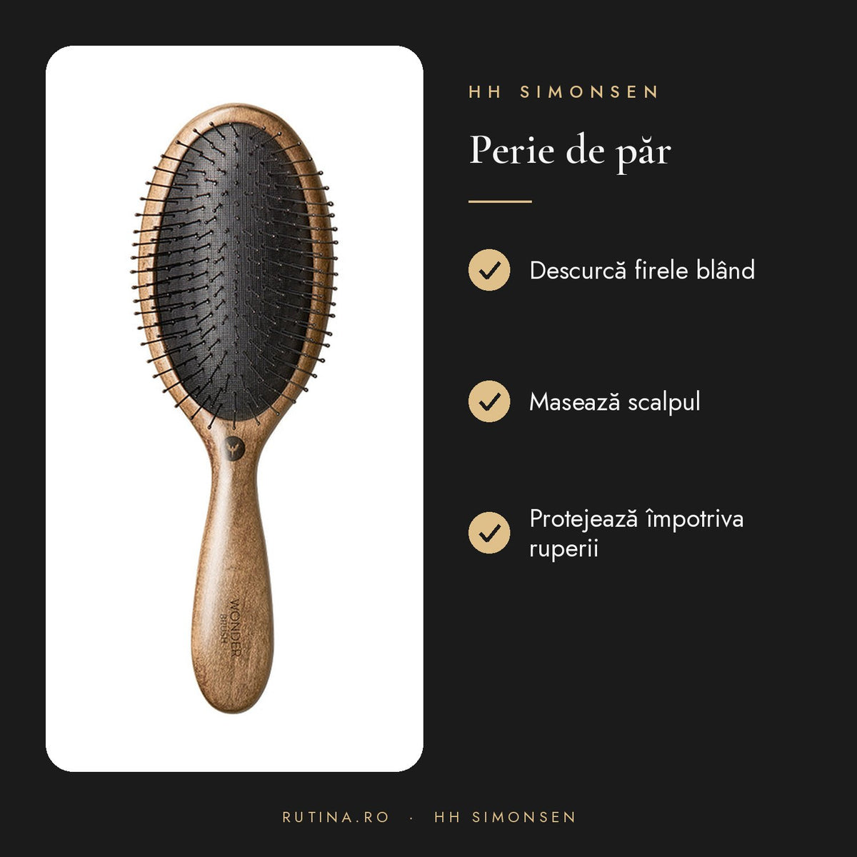 Perie de par Wonder Brush HH Simonsen — Culoare Lemn închis – beneficii