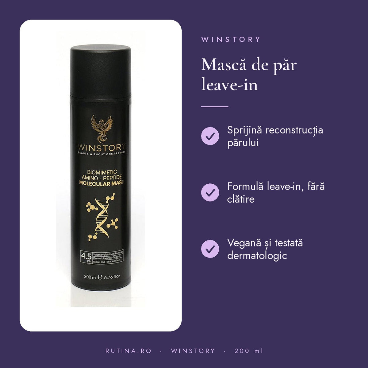 Masca de par moleculara biomimetica fara clatire (leave-in) WINSTORY, cu pH acid si fara n – beneficii