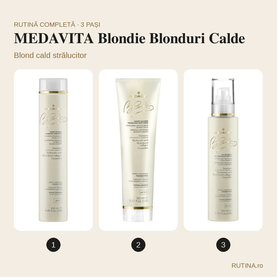 Rutină blond cald strălucitor – MEDAVITA Blondie Blonduri Calde (3 pași)