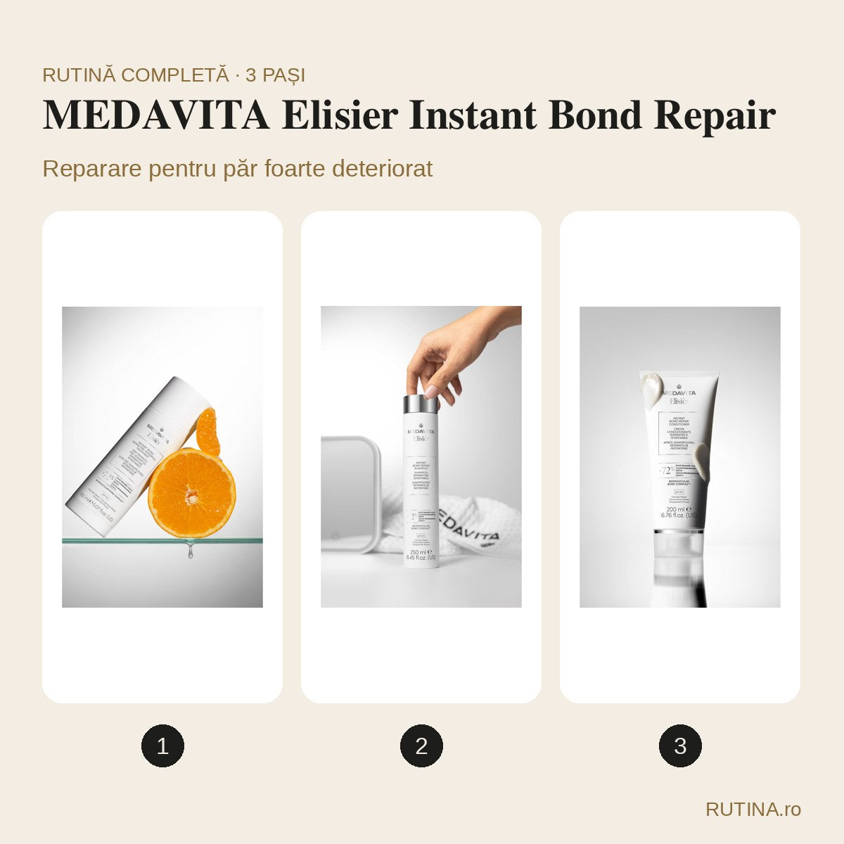 Rutină reparare pentru păr foarte deteriorat – MEDAVITA Elisier Instant Bond Repair (3 pași) – copertă