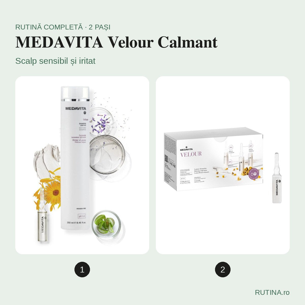 Rutină scalp sensibil și iritat – MEDAVITA Velour Calmant (2 pași) – copertă