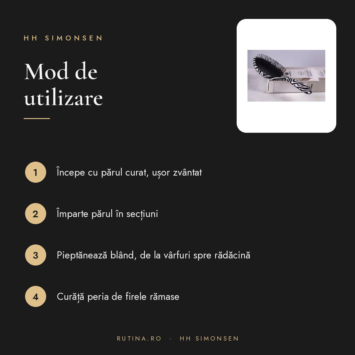 Perie de par Wonder Brush HH Simonsen — Culoare Zebra alb-negru – mod de utilizare