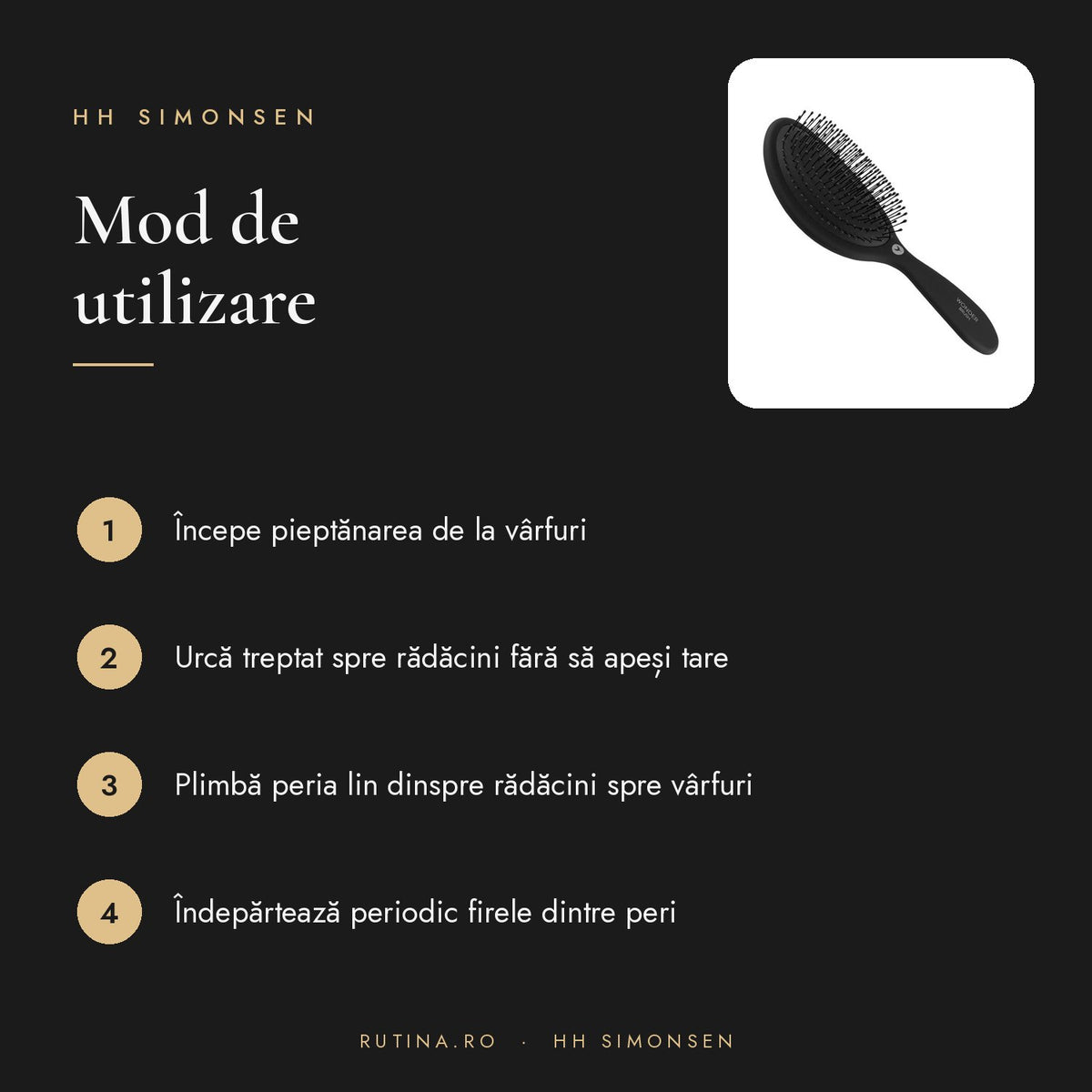 Perie de par Wonder Brush HH Simonsen — Culoare Negru – mod de utilizare