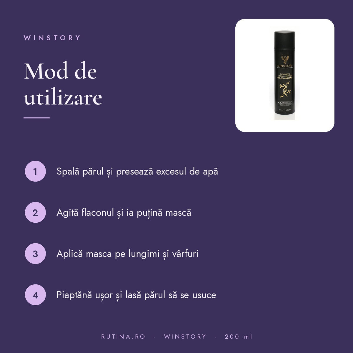 Masca de par moleculara biomimetica fara clatire (leave-in) WINSTORY, cu pH acid si fara n – mod de utilizare