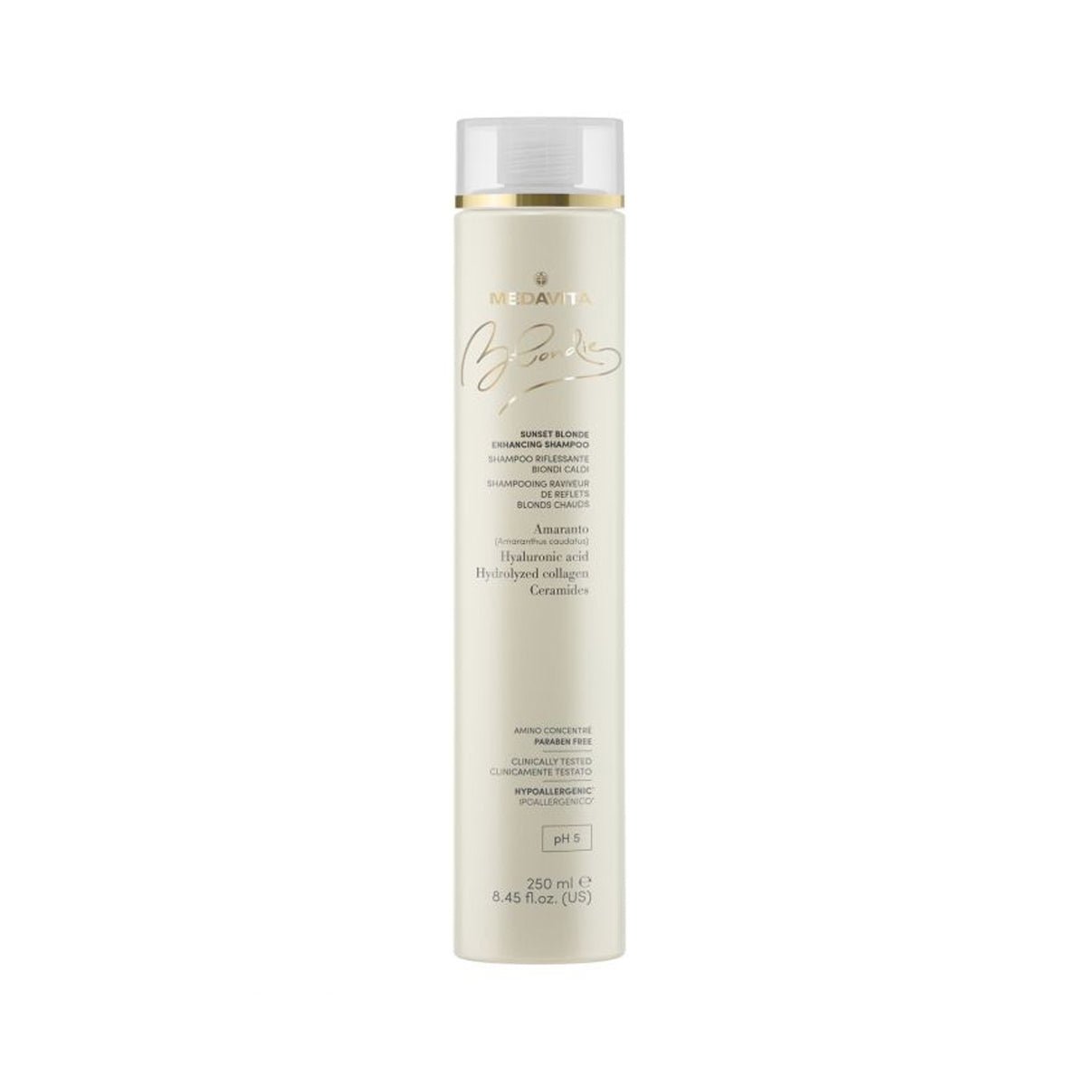 Rutină blond cald strălucitor – MEDAVITA Blondie Blonduri Calde (3 pași) – Sampon pentru blonduri calde cu acid hialuronic, colagen, ceramide - BLONDIE